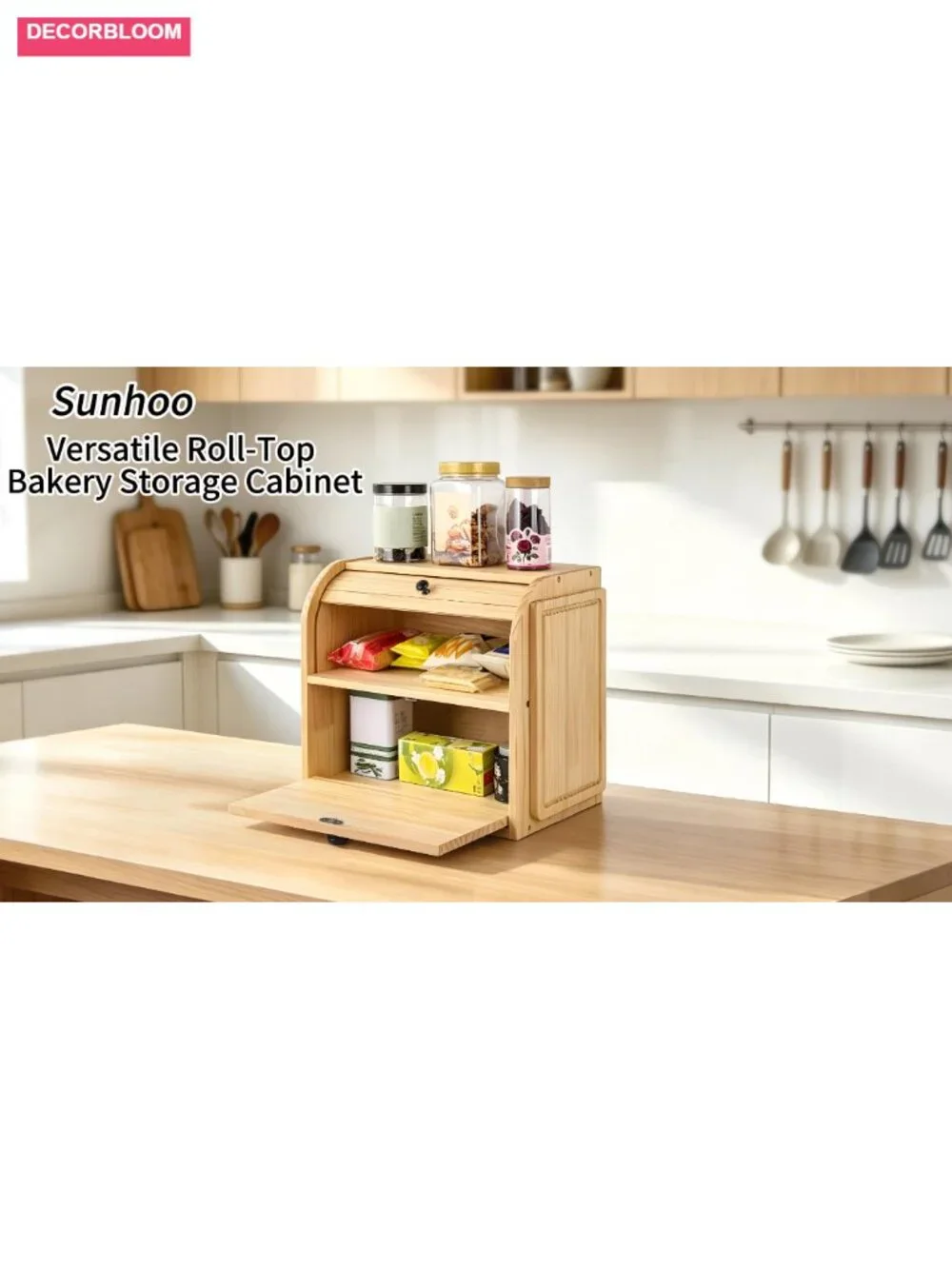 Wooden Roll Top Bread Box for Kitchen Countertop, 2-Tier Pine Storage